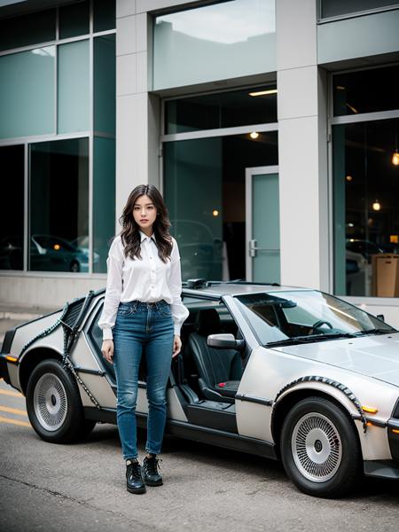 a photo of Dani15 person, woman, standing, 
DeLorean next to building,