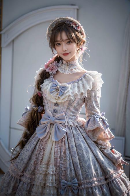 best quality, masterpiece, photorealistic, 1girl, solo, cowboy shot, standing, long black straight hair, blunt bangs, looking at viewer, smile, lo dress, long dress, layered dress, choker, bow, long sleeves,  <lora:lo_dress_vol2_style7_v2:0.65>