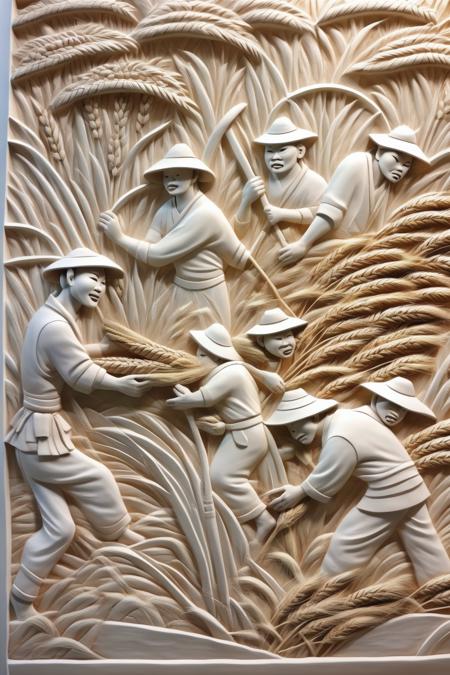 <lora:BAS-RELIEF:1>BAS-RELIEF - all white asian relief wall depicting ancient farmers harvesting wheat in the wheat fields