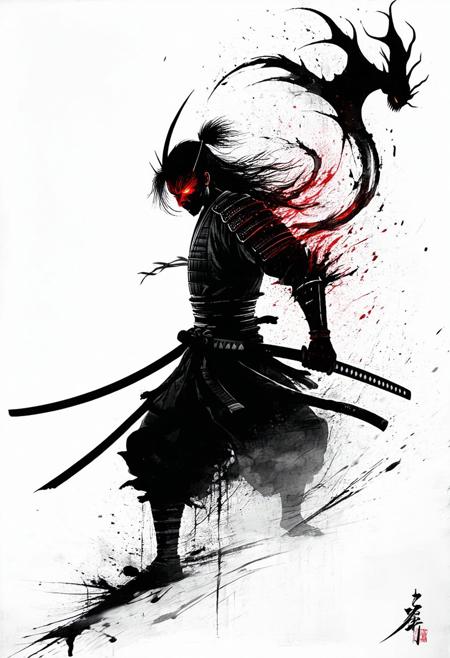 A two-dimensional black-and-white ink-style illustration on a white wall. At the center, a half-human, half-demon samurai is captured mid-motion as he unsheathes and slashes with his katana, leaving a sharp, dynamic slash mark in the air. His face is split—one side human and stoic, the other monstrous and soaked in blood. A single demonic eye glows crimson, intense and menacing. His body is partially armored, with unnatural, demonic features emerging from his limbs. Surrounding him are ghostly, mythic figures from Japanese folklore—kitsune spirits, oni shadows, and swirling yurei ghosts—blending into the flowing black ink as if they are part of the very fabric of the scene. The entire composition is stark, minimal, and symbolic, evoking the timeless elegance and horror of ancient scroll paintings.