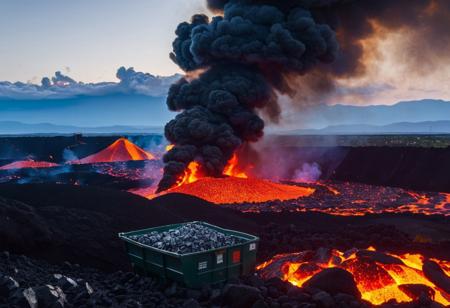 A Landscape Of Fire And Brimstone, Cooling Lava, And A full dumpster engulfed within