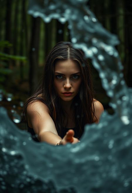 A 35-year-old European girl in the forest uses water magic, horror, dark forest, controls a large flow of water, an evil focused look into the frame