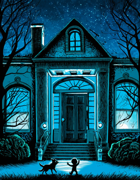 t1md0yl3, outdoors scenery, 1boy, sky, tree, window, night, border, building, star (sky), night sky, starry sky, stairs, door, bush, haunted house, horror \(theme\), 
<lora:tim_doyle-SDXL-v1:1>