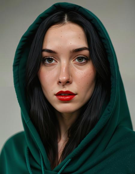 A photo realistic shoot from a close-up camera angle about a young woman with long black hair and freckles, wearing a red hooded cloak, looking directly at the viewer with a soft expression. the woman, who appears to be in her early twenties, is positioned in the middle of the image, with her upper body visible. she has a slender physique, fair skin, and dark brown eyes. her hair is styled in a straight, blunt bangs, and she is wearing a black turtleneck sweater. her lips are parted, revealing a hint of pink lipstick. the background is a blurred, dark green gradient, which adds to the overall moody atmosphere of the photo. the image is highly detailed and realistic, with a focus on the woman's face and the hood of the hood.