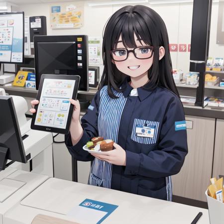 masterpiece, best quality, ultra-detailed, illustration,
konbini, scenery, shop, indoors, LAWSONU, employee uniform, uniform, shop, convenience store, black hair, uniform, glasses, striped shirt, smile, striped, food, shirt, id card, vertical stripes, 1girl, holding, long hair, name tag, grin, vertical-striped shirt
<lora:LAWSON_scenery_SD15_V2:1>