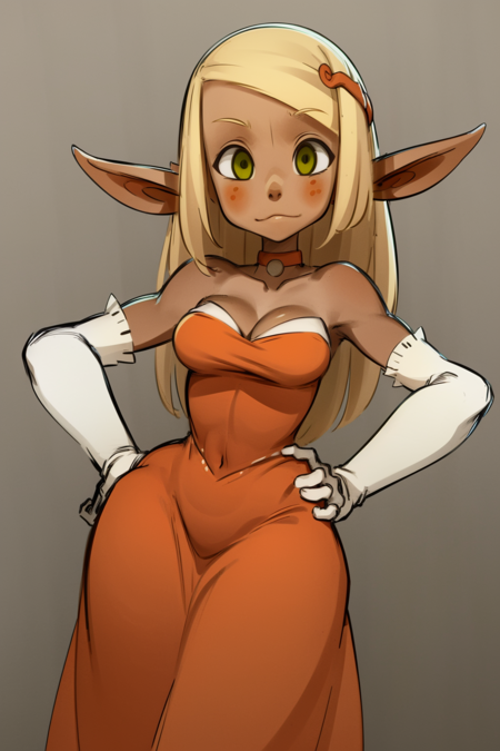 evangelynedress, elf, female focus, girl, blonde hair, green eyes, pointy ears, embarrassed, blushing, blush, bare shoulders, choker, cleavage, dress, white elbow gloves , hair bow, long hair, medium breasts, orange dress, orange skirt, strapless, strapless dress, white gloves, (hands on hips:1.4), looking at viewer, good hands, ((masterpiece)), ((best quality)), extremely detailed illustration, depth of field, sharp focus, soft lighting, hdr, colorful, good composition, cowboy shot , (white background:1.4) <lora:Evangelynev1:0.8> <lora:XaxaxaV2:1>