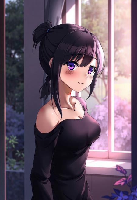 masterpiece, best quality, amazing quality, very aesthetic, absurdres, newest, scenery, anime coloring,
1girl, solo, mature female, black hair, short hair, single hair intake, bangs over eyes, long sidelocks, folded ponytail, thick eyebrows, purple eyes, detailed eyes, thick eyelashes, pink lips, hair behind ear, looking away, looking outside, looking out window, smile,   
small necklace, black dress, tight dress, long sleeves, collarbone, freckled chest, 
leaning against wall, window frame, window sill,
large window, trees, plants, (depth of field, blurred background),
sidelighting, rim lighting, model,modeling,