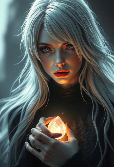 Shadowed-luminary, nightmare-fantasy woman with silver-white hair, graphic-adventure character, embracing a small glowing wish-ruby, realistic and highly detailed photograph, soft pastel hues, dramatic realism, sharp-focused, wide-angle, with motion-blurred background, delicate sparkles in asymmetrical hair layers