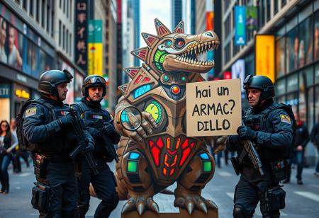In a bustling city street, a large, highly detailed cardboard cutout of a futuristic, high-tech “armadillo” stands proudly. This imaginative creation features vibrant colors, intricate designs, and advanced-looking holographic effects, making it look surprisingly sophisticated for its medium.
In front of this whimsical spectacle, a well-equipped SWAT team, dressed in full tactical gear, is engaged in a heated discussion. One member of the team, holding a comically oversized magnifying glass, scrutinizes the armadillo with a puzzled expression. Another team member, with a stern face, holds up a sign that reads: “hai un Arma? Dillo!”