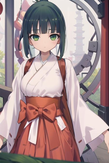 harutakimi, <lora:harutakimitest:1>, haru takimi, bangs, (green eyes:1.5), ponytail, green hair, blunt bangs, (medium breast:1.2)
BREAK skirt, japanese clothes, hakama, hakama skirt, miko, red hakama,
BREAK looking at viewer,
BREAK outdoors, shrine,
BREAK <lora:GoodHands-vanilla:1>, (masterpiece:1.2), best quality, high resolution, unity 8k wallpaper, (illustration:0.8), (beautiful detailed eyes:1.6), extremely detailed face, perfect lighting, extremely detailed CG, (perfect hands, perfect anatomy),