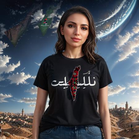 realistic,highres,reality,creative,huge filesize, <lora:PalestineFlagSdxl:1>, woman wearing a black shirt with a map of the country of palestine 8k resolution, hyperdetailed, photorealistic,4k hd, dream, space atmosphere, Unreal Engine 5, cryengine, octane render, trending on Artstation, digital art, crepuscular ray, low angle, wide shot, full of colour