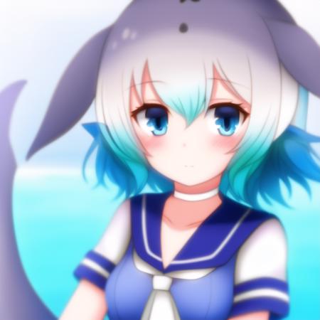 <lora:cbd:0.8>, cbd, solo, 1girl, blue hair, blue eyes, short sleeves, short hair, grey hair, sailor collar, light blue frilled sailor dress, dolphin tail, dorsal fin, blowhole, neckerchief, japari symbol, gradient hair, hair between eyes, bangs, head fins, dolphin girl, choker, collarbone, anchor symbol, detailed shading, detailed ambient light