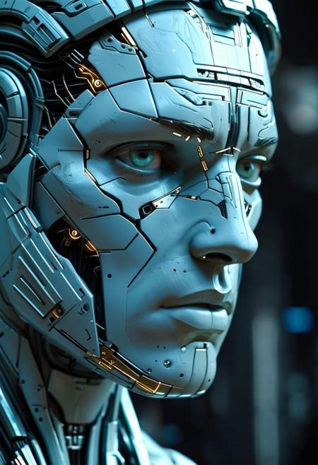 A medium shot focusing on the face of the Greek god, with features reminiscent of classical sculptures but infused with futuristic cybernetic elements. The expression should convey a mix of divine serenity and machine-like stoicism. The god's face should bear traces of timeless wisdom etched into classical features, but with a hint of sorrow or resignation, reflecting the burden of their dual nature. Cybernetic enhancements should be subtly integrated into the god's visage, with metallic accents tracing along the contours of their jawline and temples, seamlessly merging with the flesh. Hyperdetailed, high-quality, cinematic, intricate details, 8K, UHD, HDR.