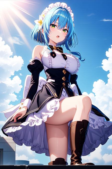 Villhaze blue hair, green eyes, bangs, maid headdress, bare shoulders, hair between eyes, sidelocks, short hair, frills, detached sleeves, hair ornament, hair flower, large breasts, long sleeves, puffy sleeves, white apron, black bow, maid apron