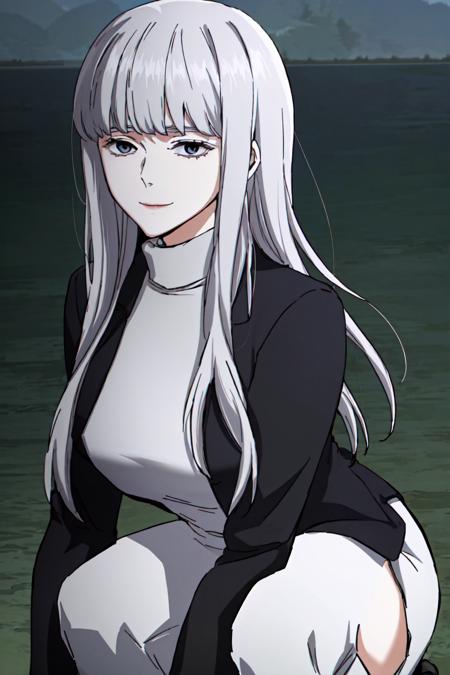 (best quality) , (highly detailed) ,masterpiece ,absurdres ,detailed face ,beautiful face ,(detailed eyes, deep eyes, anime eyes) ,1girl , solo,
Crouching with hands on the ground,
003, grey eyes, grey hair, white hair, long hair, jacket, sweater, black jacket, turtleneck, very long sweater dress, long sweater, (white slit long skirt:1.2),  turtleneck sweater, (white knee boots:1.3), slight smile, <lora:003V1:0.8>