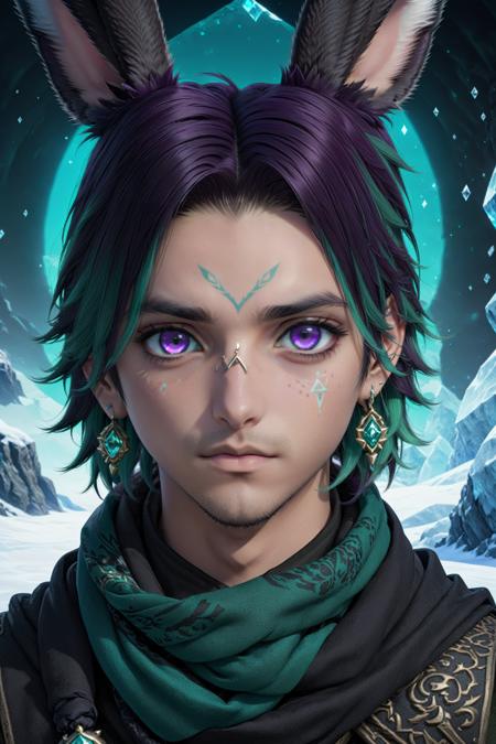 Khitli Viera,  1boy,  male focus,  solo,  looking at viewer,  short hair,  dark skinned male,  ice blue eyes,  black hair,  green hair,  jewelry,  closed mouth,  earrings,  scarf,  tattoo,  facial mark,  rabbit ears,  heterochromia,  purple eyes,  looking above, <lora:EMS-44604-EMS:0.400000>