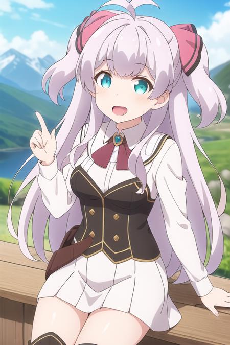 masterpiece, best quality,1girl,solo,mairu,light purple hair,very long hair,two side up,antenna hair,aqua eyes,hair ornament,white skirt,white shirt,brown knee boots,<lora:mairu:0.8>,mountain, 