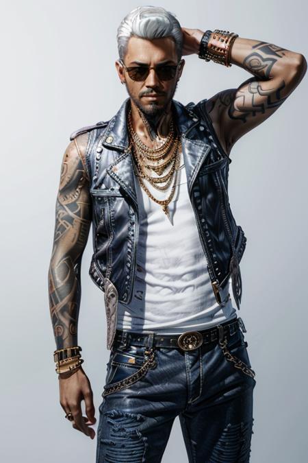 KerryEuro, 1boy, male focus, facial hair, solo, jewelry, tattoo, sunglasses, beard, ring, white hair, necklace, vest, pants, belt, denim, bracelet, realistic, simple background, dark skin, dark-skinned male, arm tattoo
masterpiece, best quality,
<lora:add_detail:0.7>,<lora:epi_noiseoffset2:1>,   <lora:KerryEuro:0.7>