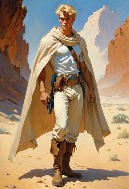 art by Frank Frazetta of a youthful, slender figure with a clean-cut, boyish appearance. He has sandy blond hair, often tousled and unkempt, reflecting his rough life on a desert planet. His bright blue eyes exude a sense of curiosity and determination. His face is marked by youthful features, including a smooth complexion and a somewhat angular jawline.
His attire is practical for a moisture farmer: he typically wears a loose-fitting, cream-colored tunic, beige pants, and rugged, knee-high boots suitable for the desert environment. A brown utility belt with various pouches and a blaster holster wraps around his waist, highlighting his readiness for adventure. His look is completed with a tan poncho or cloak for protection against the desert's harsh climate.
Despite his modest clothing, Luke's demeanor and physical presence hint at his latent heroism and the extraordinary destiny that awaits him. the scene should capture the essence of space opera with artistic detail, ink drawing,  advntr, bad_prompt_version2, negative_hand, ac_neg1