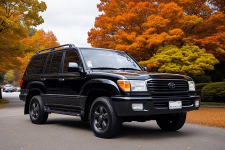 ((black)) LANDCRUISER , parked in front of a japanese pagoda, fall weather, ultra wide angle, masterpiece, award winning, sunset, beautifully detailed fall foliage, cinematic lighting, style-autumn:1.0, sharp focus, smooth, intricate details, 8k wallpaper, trending on artstation     <lora:LANDCRUISER:0.8>