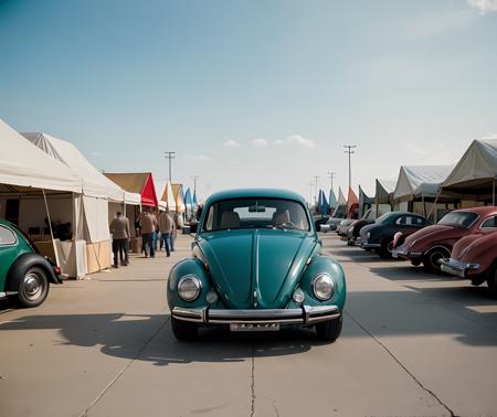 cinematic film still ,<lora:quiron_beetleVW_V1_Lora:0.87> beetleVWQuiron car, realistic, best quality, masterpiece,  cinematic light, sidelighting,    at 70s style swap meet: an open-air market with vendors selling vintage clothing, vinyl records, and retro collectibles under colorful canopies, . shallow depth of field, vignette, highly detailed, high budget Hollywood movie, bokeh, cinemascope, moody, epic, gorgeous, film grain, grainy