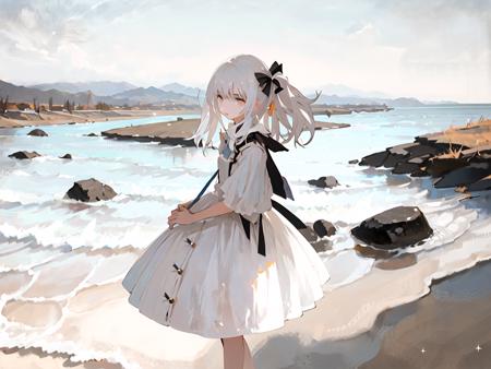 ariah2063338, 1girl, outdoors, from side, looking at viewer, white hair ,hair bow,  dress, river, mountain,