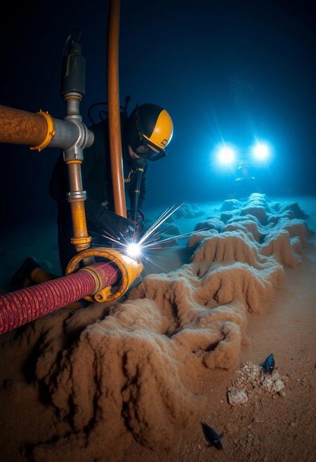 underwater documentary photograph of a saturation diver welding vertical oil pipelines of a drilling rig at the bottom of the ocean, the ocean floor is delicate and bursts into muddy clouds around the legs of the man, a couple of curious deep water fishes wander around, high pressure bell in the visible background, lit by two strong construction lights surrounded by total deep depth darkness