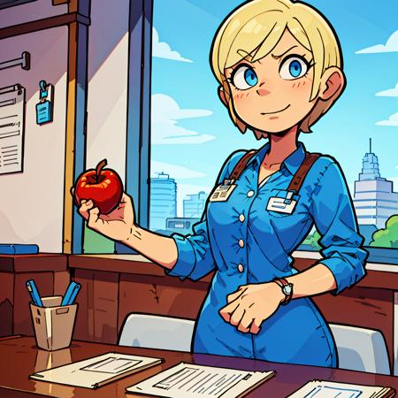 woman, blue blouse with pocket, buttons, id card badge, short blonde hair, blue eyes, sitting, holding red apple, wooden desk, hand on papers, cup with red pen on desk, chair, from front, blush, blue wall, wooden panels, window, cityscape, tree <lora:woman_with_apple_01-000006:1>