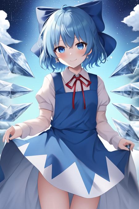 masterpiece, best quality, highres, solo, {cirno_touhou:1.10}, blue_hair, bow, hair_bow, short_hair, ice_wings, wings, ice, blue_bow, blue_eyes, bangs, blush, smile, open_mouth, hair_between_eyes, ribbon, 1girl, blue_dress, dress, neck_ribbon, pinafore_dress, puffy_short_sleeves, puffy_sleeves, red_ribbon, shirt, short_sleeves, white_shirt, closed_mouth, collared_shirt, cowboy_shot, sky, standing, star_\(sky\), starry_sky