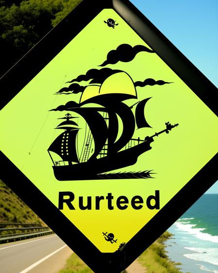 a photo of a road sign , Beware of Sudden Pirate Raids:1.4, a comical sign depicting pirates boarding a ship, adding a touch of swashbuckling adventure to the road. , road_sign