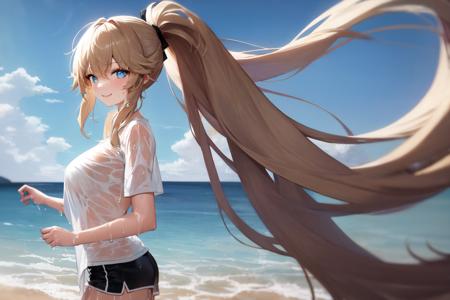 masterpiece, best quality ADDCOMM
1girl, solo, blonde hair, blue eyes, smile, absurdly long hair, floating hair, (ponytail:1.2), wet shirt, shorts, from side, blue sky, beach <lora:Floor-Length Hair:1> ADDCOL
absurdly long hair, floating hair, (ponytail:1.2), from side, blue sky, beach