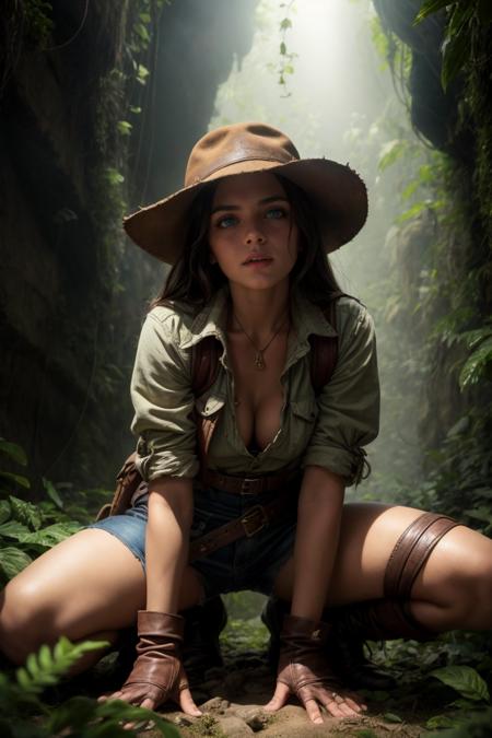 (best quality, masterpiece:1.3), 1 girl, adult (elven:0.7) woman,  blue eyes, medium brown prom hairstyle,,  Lying with one leg bent at the knee,  solo, half shot, detailed background, detailed face, (indiana jones theme:1.1), explorer, spelunking, dynamic pose, rugged  frayed leather clothes,  indiana jones hat,     belt, gloves, (leather pouches:0.4), compass, (abandoned:0.7) dark dungeon background, vines, moss,  dust, remains of ancient civilization, dark cinematic atmosphere, occult, shadows,  , tropical jungle, <lora:add_detail:1>,