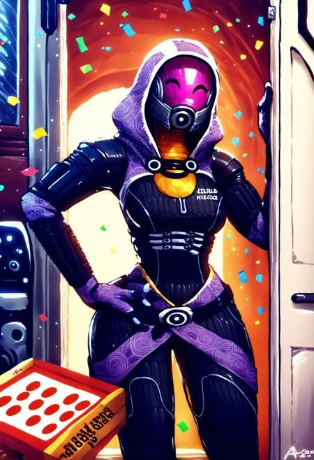 score_9, score_8_up, score_7_up, score_6_up, score_5_up, score_4_up, source_furry, by aqe, tali, tali'zorah, alien, alien humanoid, humanoid, quarian, 3 fingers, armor, black clothing, bodysuit, clothed, clothing, female, fingers, headgear, helmet, hood, not furry, detailed background, spacecraft, skinsuit, solo, tight clothing, hand on hip, pose, pose, cute pose, pinup, wide hips, medium breasts,  conf3tti, made of confetti, pizza box, pov, pizza delivery, peeking out, upper body, hiding behind wall/door <lora:talizorah_pdxl_:1>