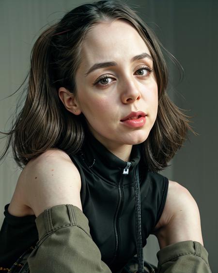 ChzElizaDushku, close-up, RAW photo of 1girl, solo, focus face, wearing edgGrunge fashion, cargo pants, off shoulder turtleneck, serious expression, withering sarcasm, pervasive ennui, dynamic pose, deep shadows, artistic composition, perfect shading, (detailed skin, perfect eyes), (hyperdetailed:1.3), (masterpiece, best quality:1.5), edgGrunge,