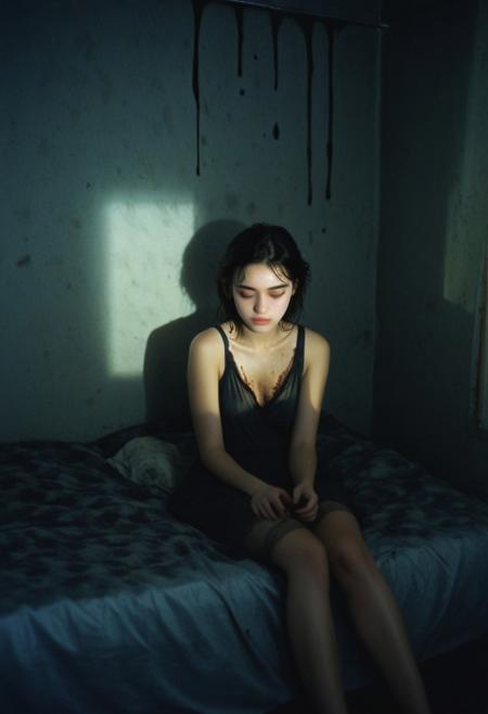 a dark lonely cold room, a thin girl sits hanging her shoulders on the bed, her dark hair dirty, a black stain in place of her face, dull tones, evening, contrasting shadows, dull cloudy sky, luminous blurred photo, grainy film effect, konica minolta zoom 60, blurred shapes, Diane Arbus photo style