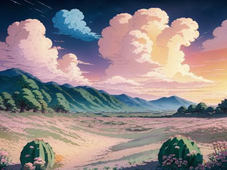 (Studio ghibli style, Art by Hayao Miyazaki:1.2), sky,cactus,cloud,scenery,outdoors,desert,sunset,star \(sky\),flower,starry sky,cloudy sky,no humans,twilight,nature,wind,masterpiece,best quality,very aesthetic,absurdres <lora:StarryMountainWildernessV1.0:0.9>, Anime Style, Manga Style, Hand drawn, cinematic sensual, Sharp focus, humorous illustration, big depth of field, Masterpiece, concept art, trending on artstation, Vivid colors, Simplified style, trending on ArtStation, trending on CGSociety, Intricate, Vibrant colors, Soft Shading, Simplistic Features, Sharp Angles, Playful