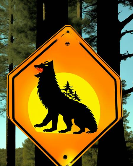 a photo of a road sign , Caution: Werewolf Howling Zone:1.4, a sign suggesting that drivers might encounter a "Werewolf Howling Zone," complete with a menacing silhouette. , road_sign