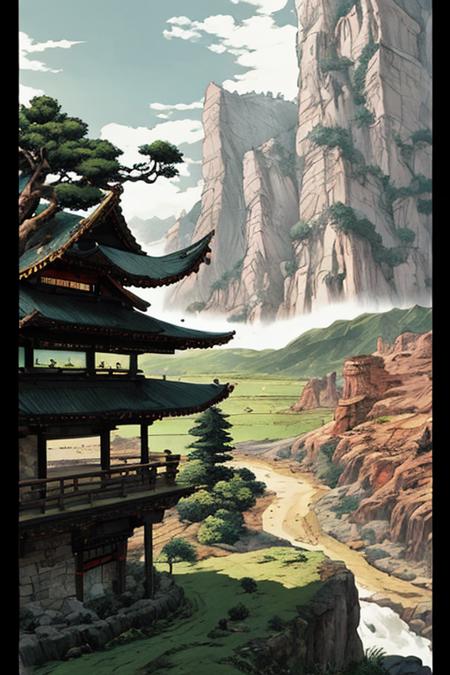 Martial Arts Style landscape,Mountain, Water, Sun, Chinese Architecture Black and white images