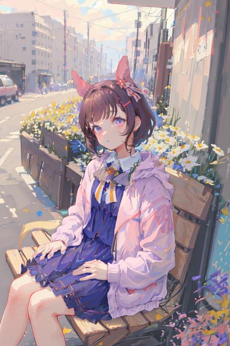 masterpiece, best quality,
nishino flower \(umamusume\),
sitting on bench, park,
casual, long sleeves, neck ribbon, collared shirt, blue shirt, blue dress, pink jacket,
<lora:nishino_flower_locon_0.99:0.8>