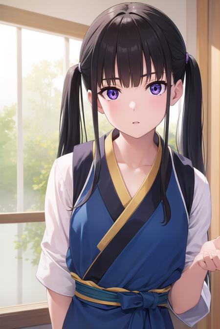 takinainoue, <lora:takinainoue-lora-nochekaiser:1>, 
inoue takina, long hair, bangs, twintails, black hair, (purple eyes:1.2),
BREAK japanese clothes, kimono, apron, waist apron, blue kimono, waitress,
BREAK indoors, cafe,
BREAK looking at viewer, (cowboy shot:1.5),
BREAK <lyco:GoodHands-beta2:1>, (masterpiece:1.2), best quality, high resolution, unity 8k wallpaper, (illustration:0.8), (beautiful detailed eyes:1.6), extremely detailed face, perfect lighting, extremely detailed CG, (perfect hands, perfect anatomy),