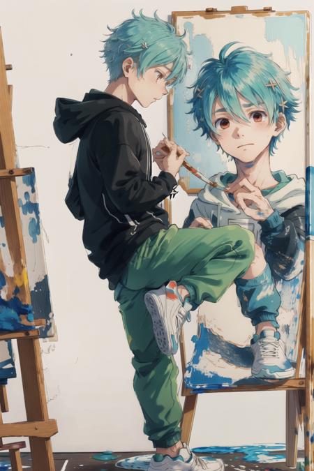 nils, solo, (circlet, hair ornament:1.1), hoodie, track pants, sneakers, from side, painting, canvas, ink, painter, paintbrush, serious, concentrated, squint