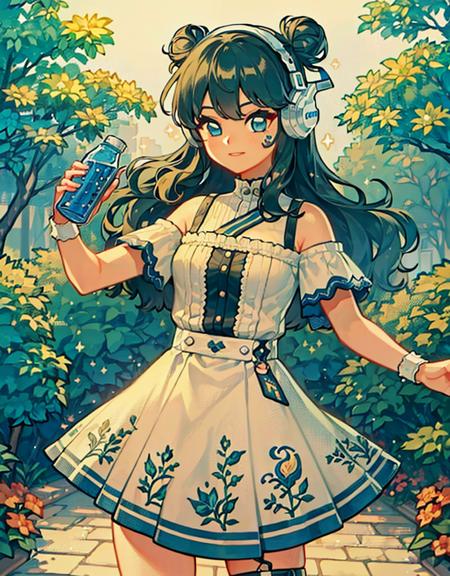 1girl, blue hair, double bun, headphones, skirt, dress, soda, garden, plants, 
(detailed ladscape:1.2), (dynamic_angle:1.2), (dynamic_pose:1.2),
(masterpiece:1.2), (best quality, highest quality), (ultra detailed), (8k, 4k, intricate), (cowboy shot:1), (highly detailed:1.2),(detailed face:1),(gradients),(ambient light:1.3),(perfect_anatomy:1.2),
 <lora:Bobotae_Style:0.75>