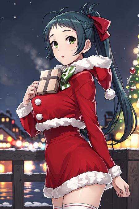 (masterpiece), (best quality), (ultra-detailed), photorealistic, (best illustration), (an extremely delicate and beautiful), 1girl, solo, irakoxmas, fur-trimmed jacket, fur-trimmed dress, fur-trimmed sleeves, red dress, red jacket, hood down, pom pom \(clothes\), santa dress, striped bowtie, cowboy shot, looking at viewer,  :o, looking at viewer, <lora:irako_nai_1-11:1:lbw=OUTD> french braid, night sky, winter, snow, breath, fog, antenna hair, green hair, green eyes, thighhighs, huge christmas tree, fur-trimmed waist, holding gift box, ponytail, long hair, finely detailed iris,