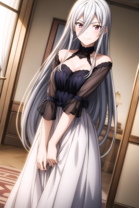 1girl, silver hair, long hair between eyes, long hair, looking at viewer, smile, silver hair, solo, leona_miyamura, dress, <lora:add_detail:0.7>