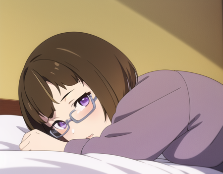 (best quality, masterpiece:1.4), detailed background, detailed face, detailed eye, 1girl, solo, <lora:aria-12:0.7>, (shibuya aria, brown hair, purple eyes, short hair), glasses, dress, lying, on bed, from side