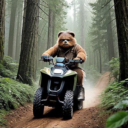 A full body photo of an Ewok on Endor, it's carrying an Uzi and riding an ATV, 
It looks cute and adorable yet fierce at the same time, The Ewok equivalent of Rambo, funny, 
highest quality, exceptional accuracy and realism,