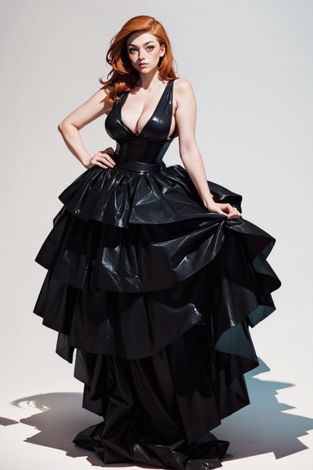 t4shqu33n, bare shoulders, standing, full body, black dress, trash bag dress, <lora:t4shqu33n:0.75> <lora:age_slider_v20:1.2> <lora:detail_slider_v4:1> <lora:Fr3ckles:0.7> Fr3ckles, freckles, ginger hair, large breasts, long hair,  white background, grey eyes, <lora:weight_slider_v2:0.75> solo