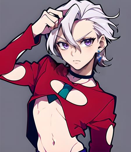 fugo,  1boy,  tie,  red eyes,  cute,  red suit,  clothing cutout,  solo,  navel,  simple background,  nomura tetsuya,  white silver hair,  thin waist,  stud earrings,  teen,  blushing,  pose, War of the Visions  , Style,<lora:EMS-247136-EMS:0.800000>,<lora:EMS-44276-EMS:0.800000>