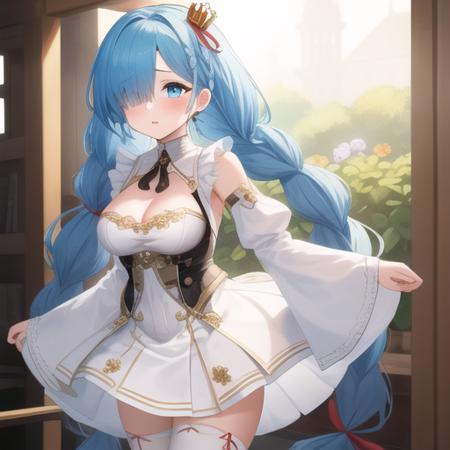 (masterpiece, best quality:1.2),illustration,8k,hd,1girl,solo,cowboy shot,janus (azur lane),blue eyes,blue flower,blue hair,blue rose,blush,braid,frilled dress,frills,hair ornament,hair over one eye,hair ribbon,light blue hair,long hair,medium breasts,mini crown,red ribbon,twin braids,white dress,white legwear,white ribbon,<lora:Janus(azur)>,