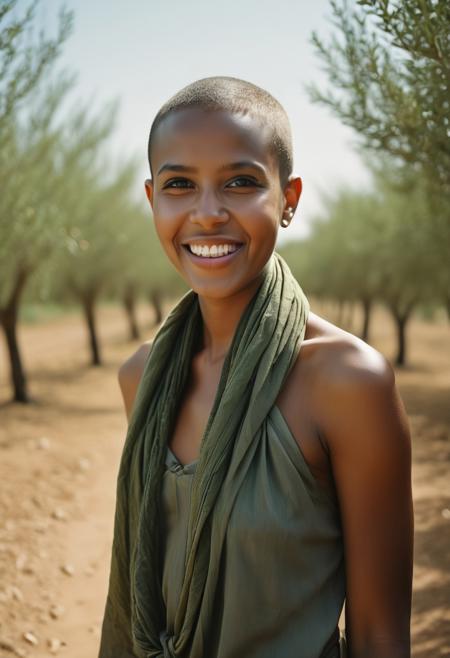 award winning analog photograph of a short very pretty somali woman, pale olive skin, round head, green eyes, very wide smile with gap in front teeth, amused, playful, sensual expression, wearing only (leather sandals:1.3) and a silk scarf (tied on neck:1.3) walking through a (sunlit:1.4) olive grove.
She is chubby-curvy, with very small apart breasts and thick thighs. She has a (shaved head:2).